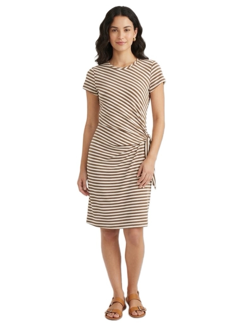 J. McLaughlin Brown Cream Striped Faux Wrap Short Sleeve Dress